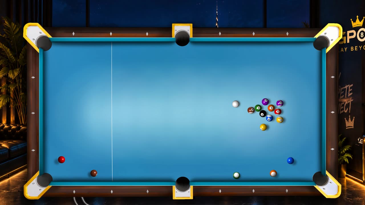 A break shot scattering the rack on a BigPool 8-ball table